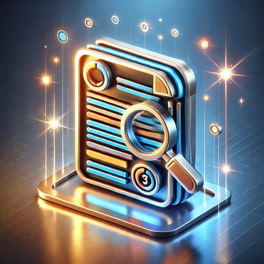 DALL·E 2024 12 10 22.22.08 A futuristic 3D icon for a Content Summarizer tool. The icon features a glowing document with distinct highlighted sections, representing summarized c