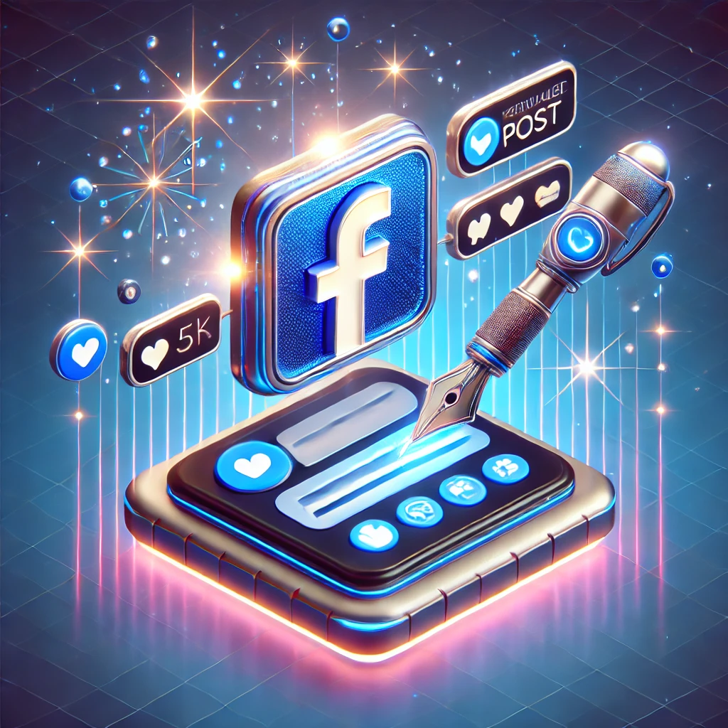 DALL·E 2024 12 10 23.09.31 A futuristic 3D icon for a Facebook Post Generator tool. The icon features a glowing 3D Facebook logo linked to a floating digital content screen disp